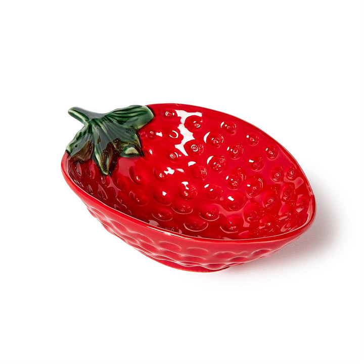 Red strawberry-shaped bowl on a white background