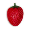 Red strawberry-shaped  bowl with a green stem on a white background