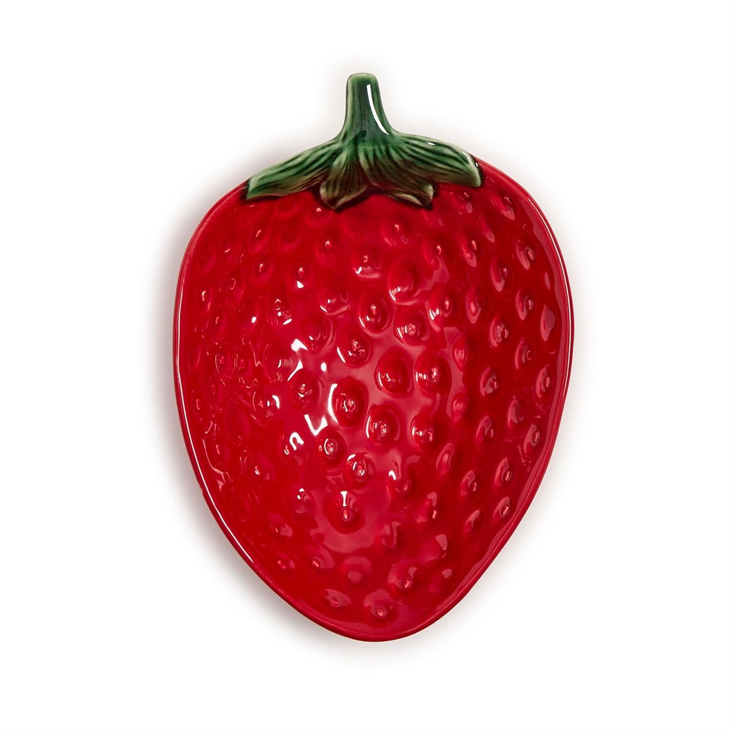 Red strawberry-shaped  bowl with a green stem on a white background