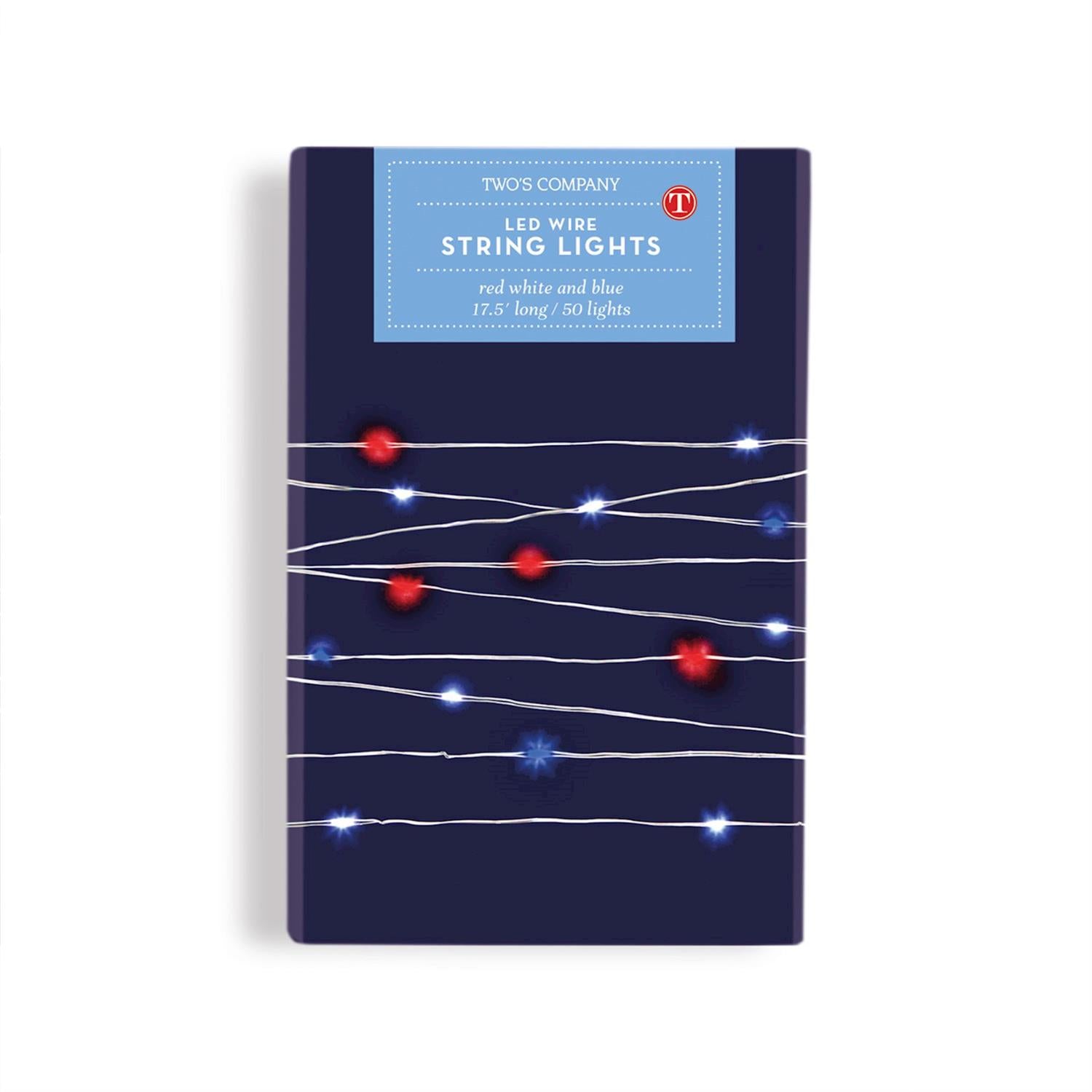 LED string lights packaging with red, white, and blue lights on a dark blue background