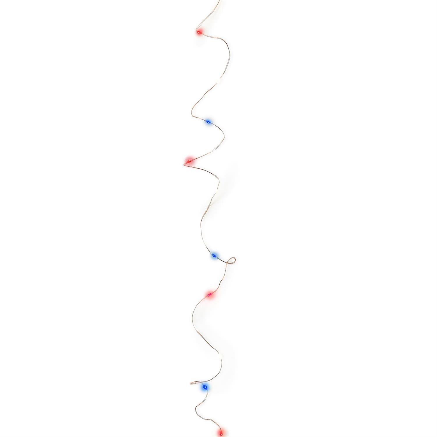 String of red, white and blue lights on a white background