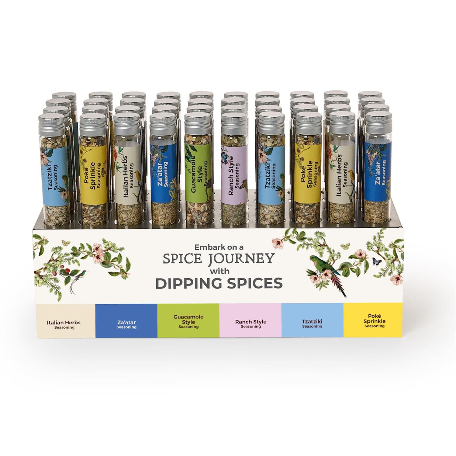 Set of spice containers with labels in a decorative box