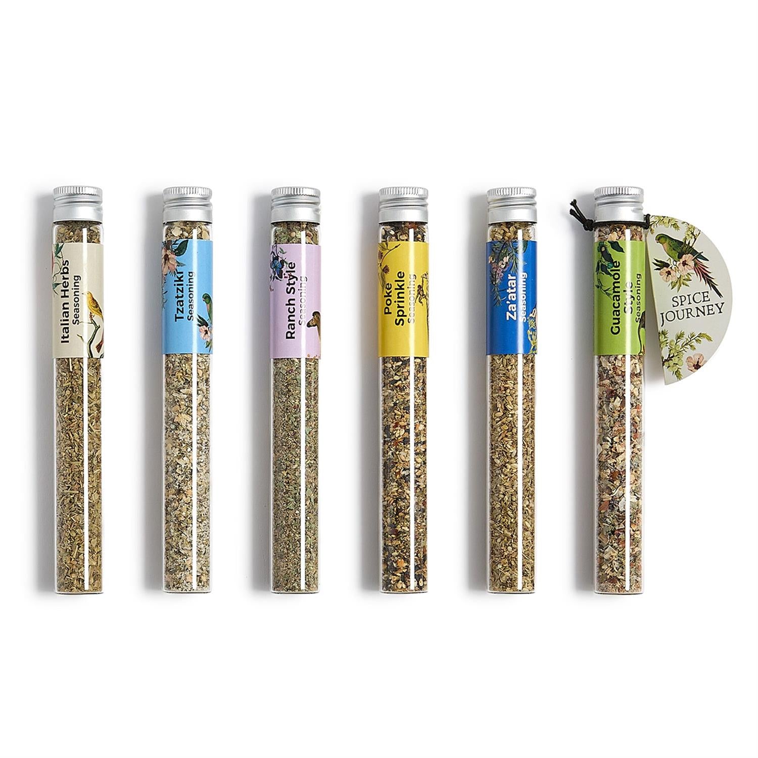 Set of spice containers with labels on a white background