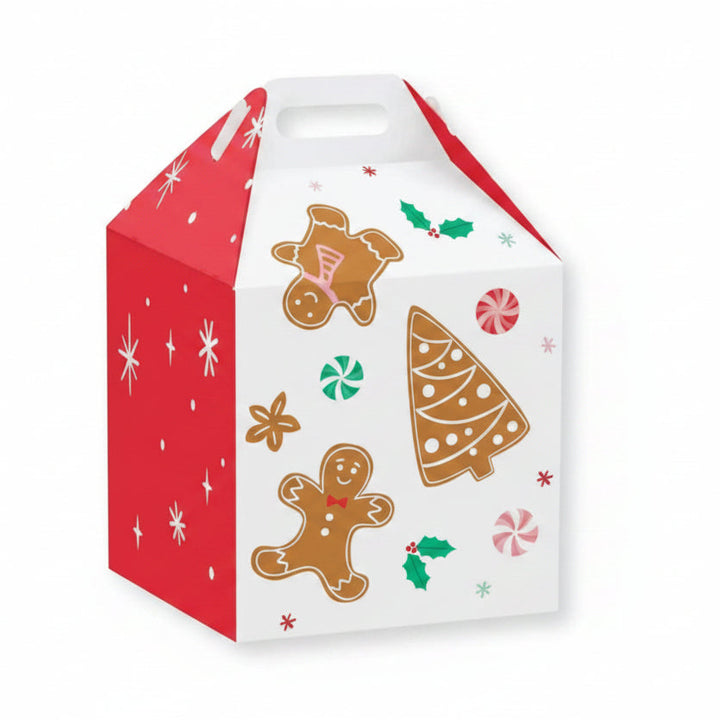 A festive Christmas gift box with a white front panel decorated with gingerbread men, a Christmas tree, and candy canes, alongside a red side panel with white stars. 