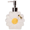 Soap dispenser shaped like a daisy with a bee on a white background