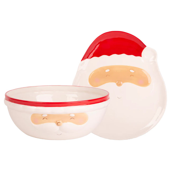 Santa Claus face-shaped serving bowl and platter on a white background