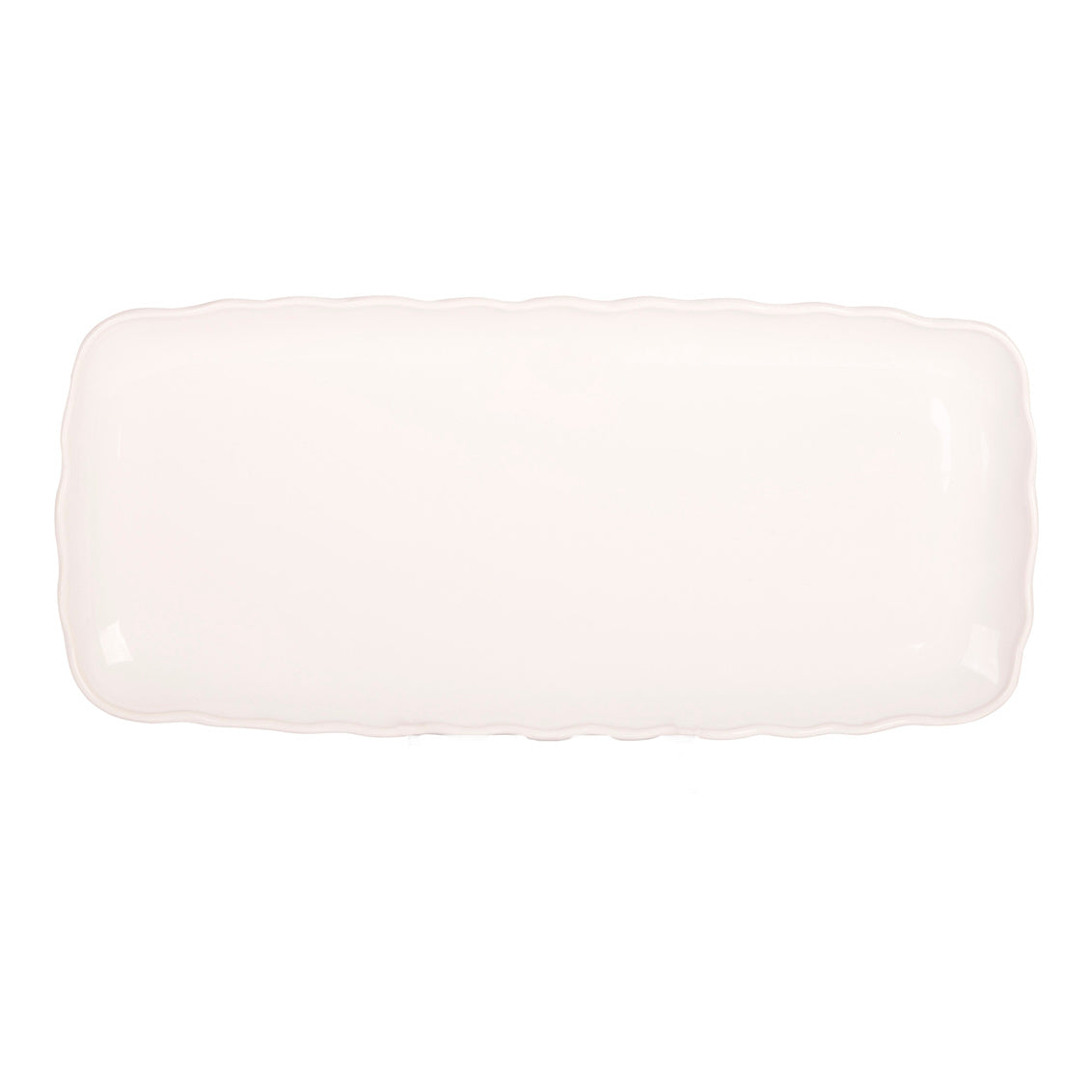 Rectangular white platter with ruffle edge on a white background
