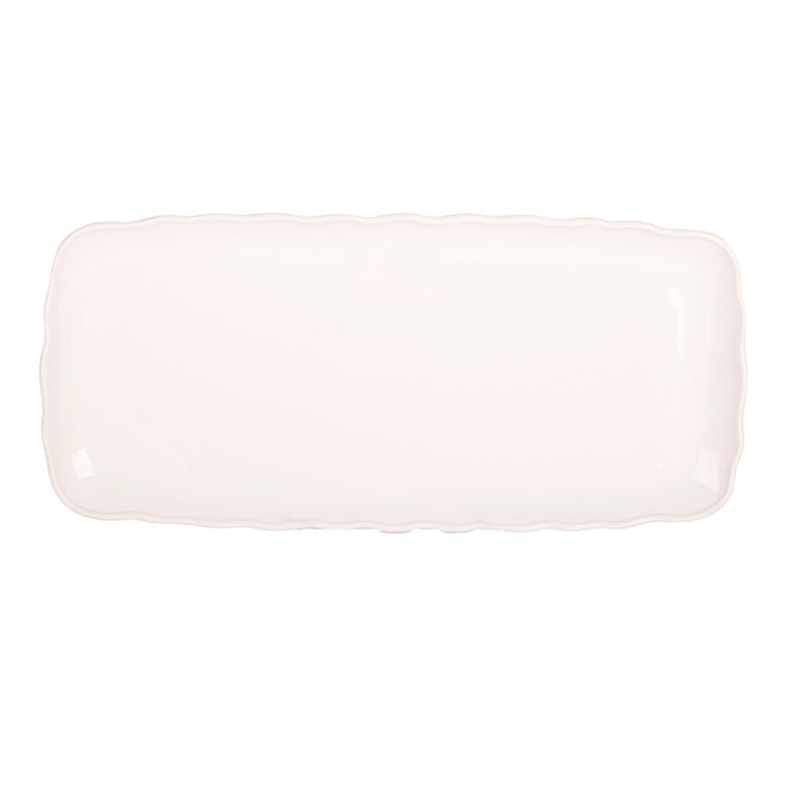 Rectangular white platter with ruffle edge on a white background