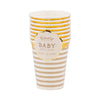Set of striped paper cups with a 'Baby' label on a white background