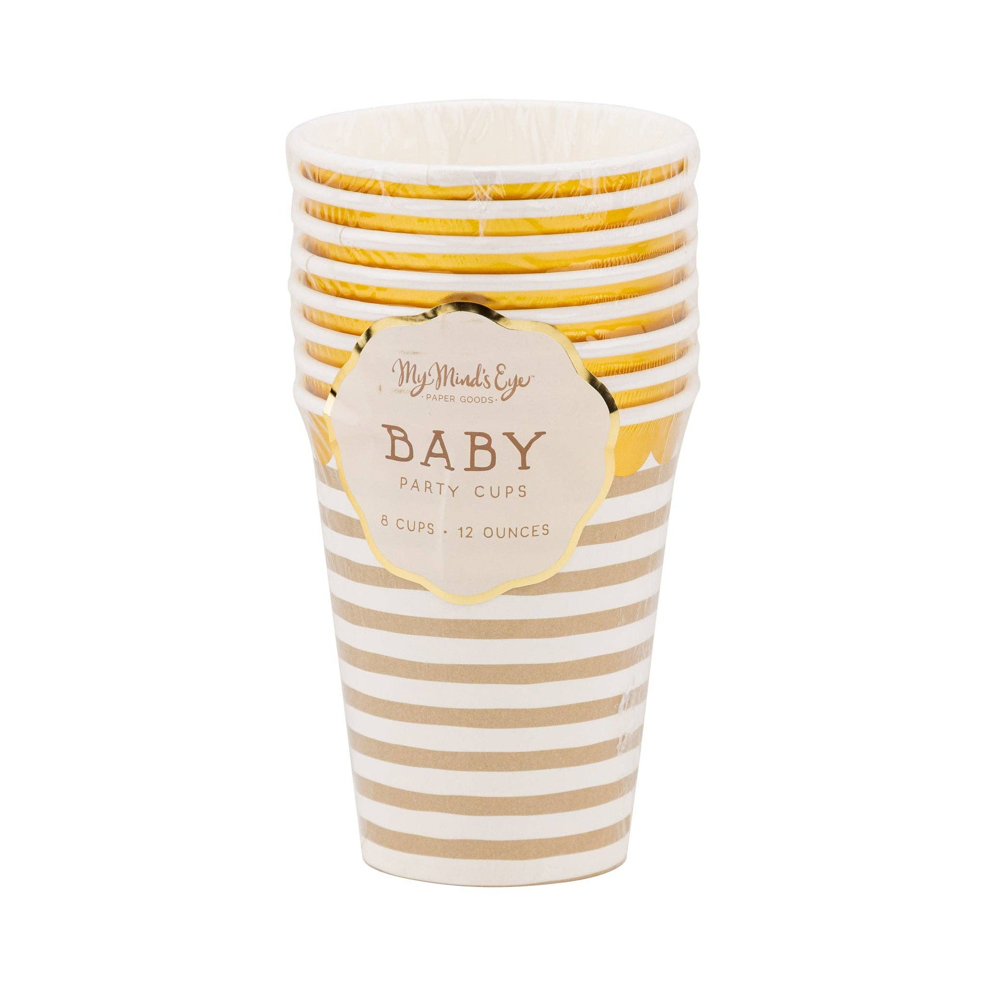 Set of striped paper cups with a 'Baby' label on a white background