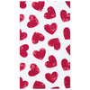 A tea towel featuring a repeating pattern of watercolored red hearts.