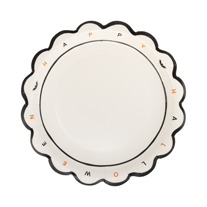 Round decorative plate with Halloween-themed text and graphics on a white background