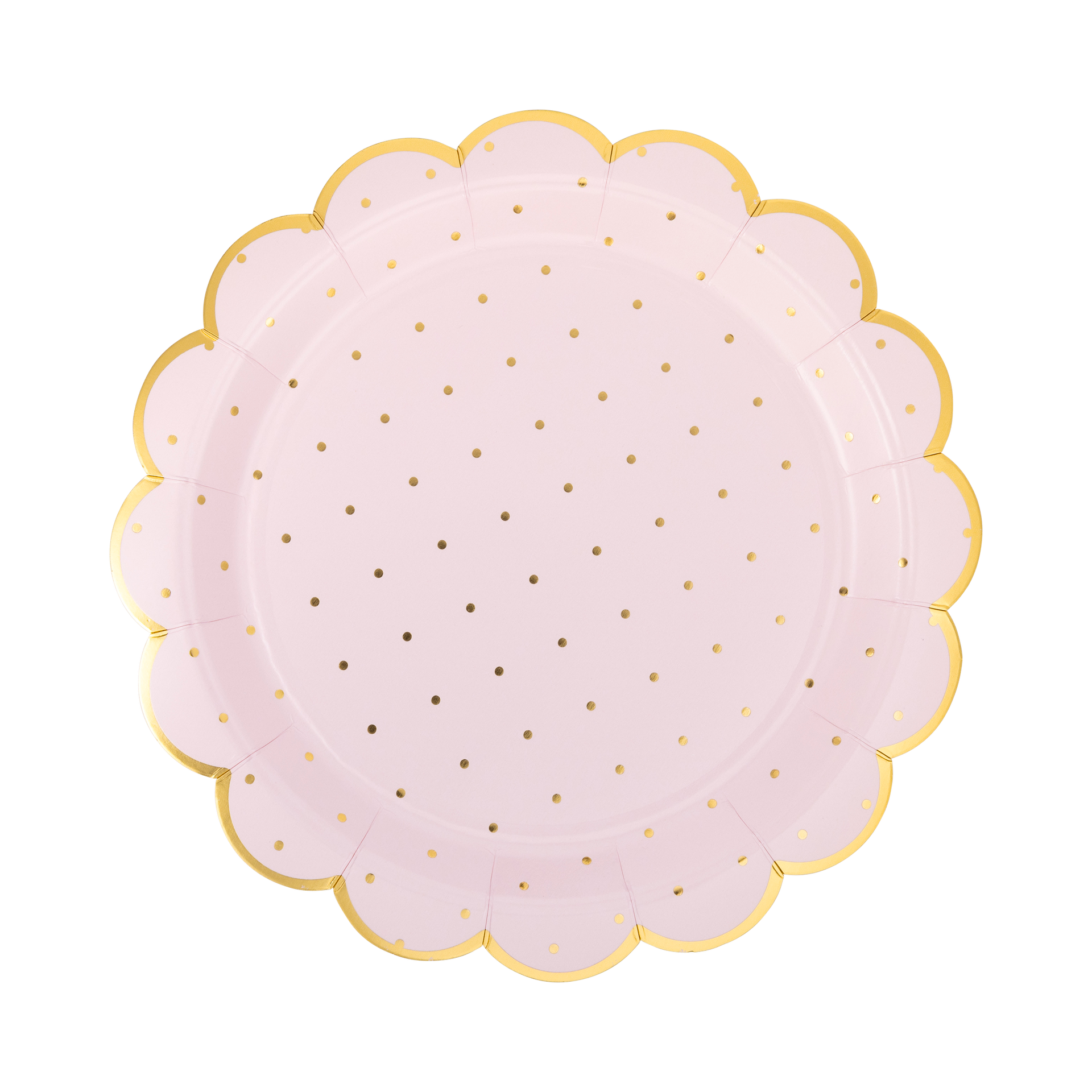 Round pink plate with gold polka dots and a scalloped edge on a white background