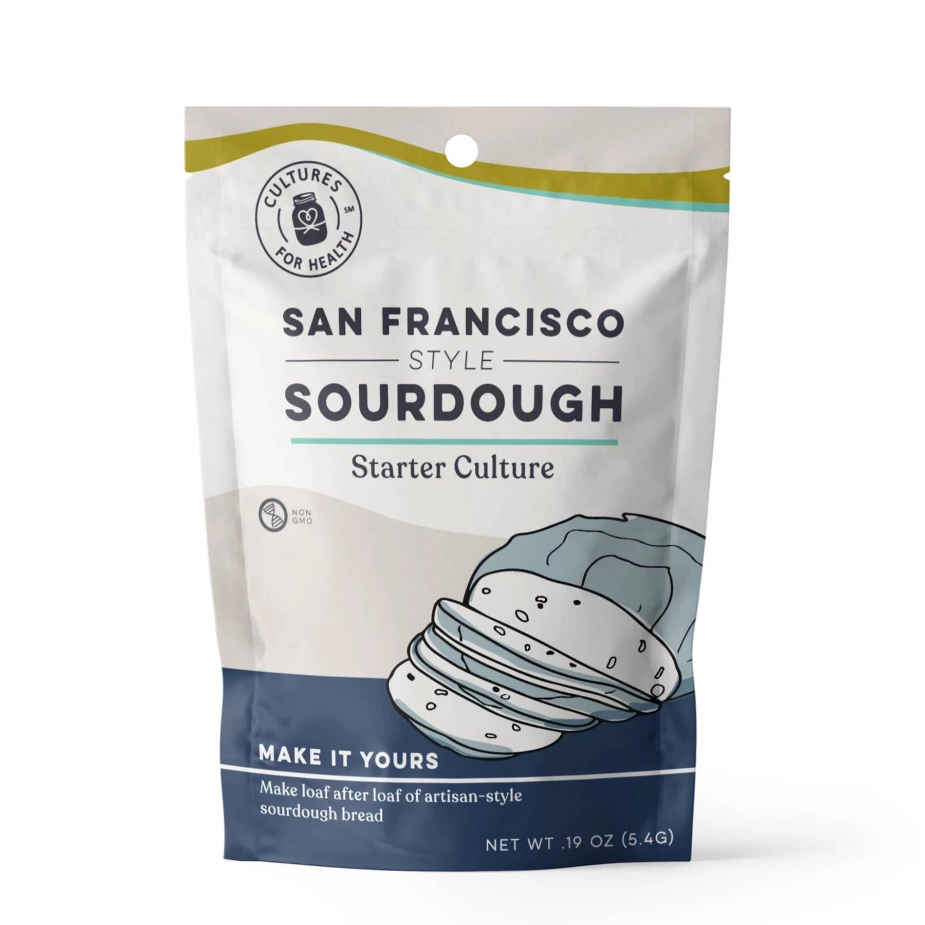 Packaging of San Francisco style sourdough starter culture on a white background