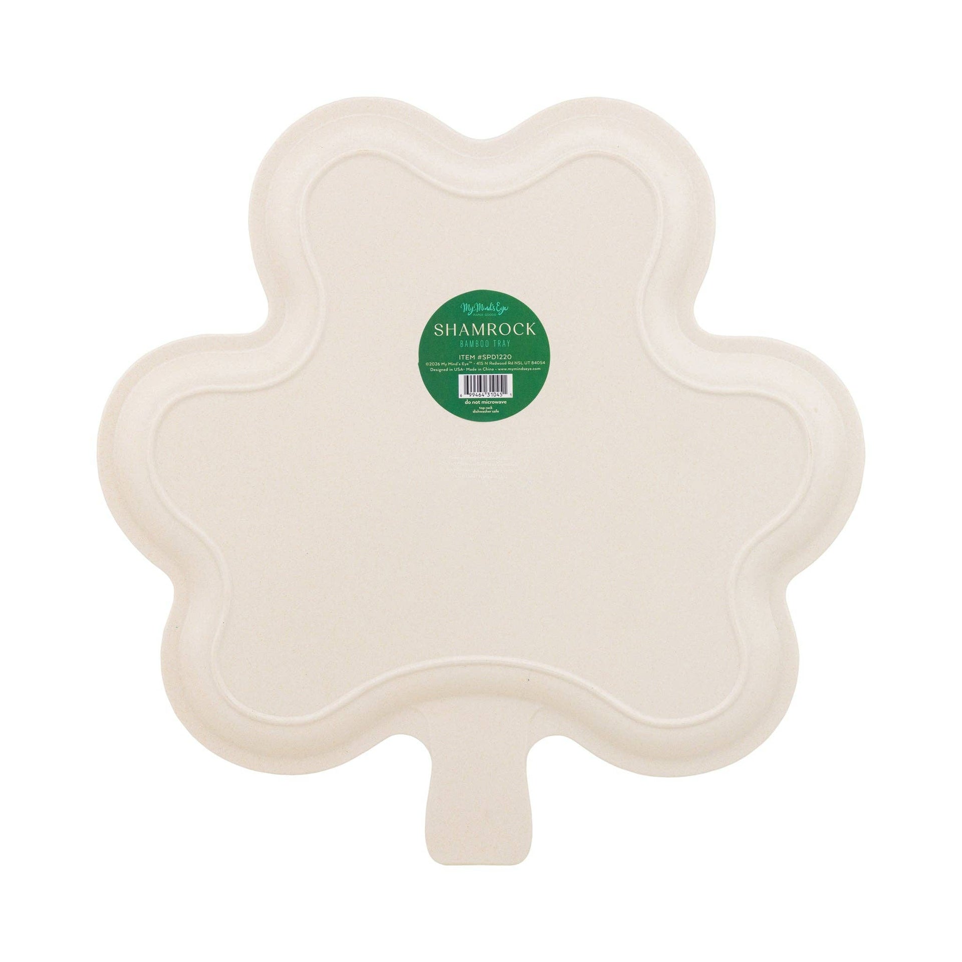 Shamrock-shaped tray with a green label on a white background