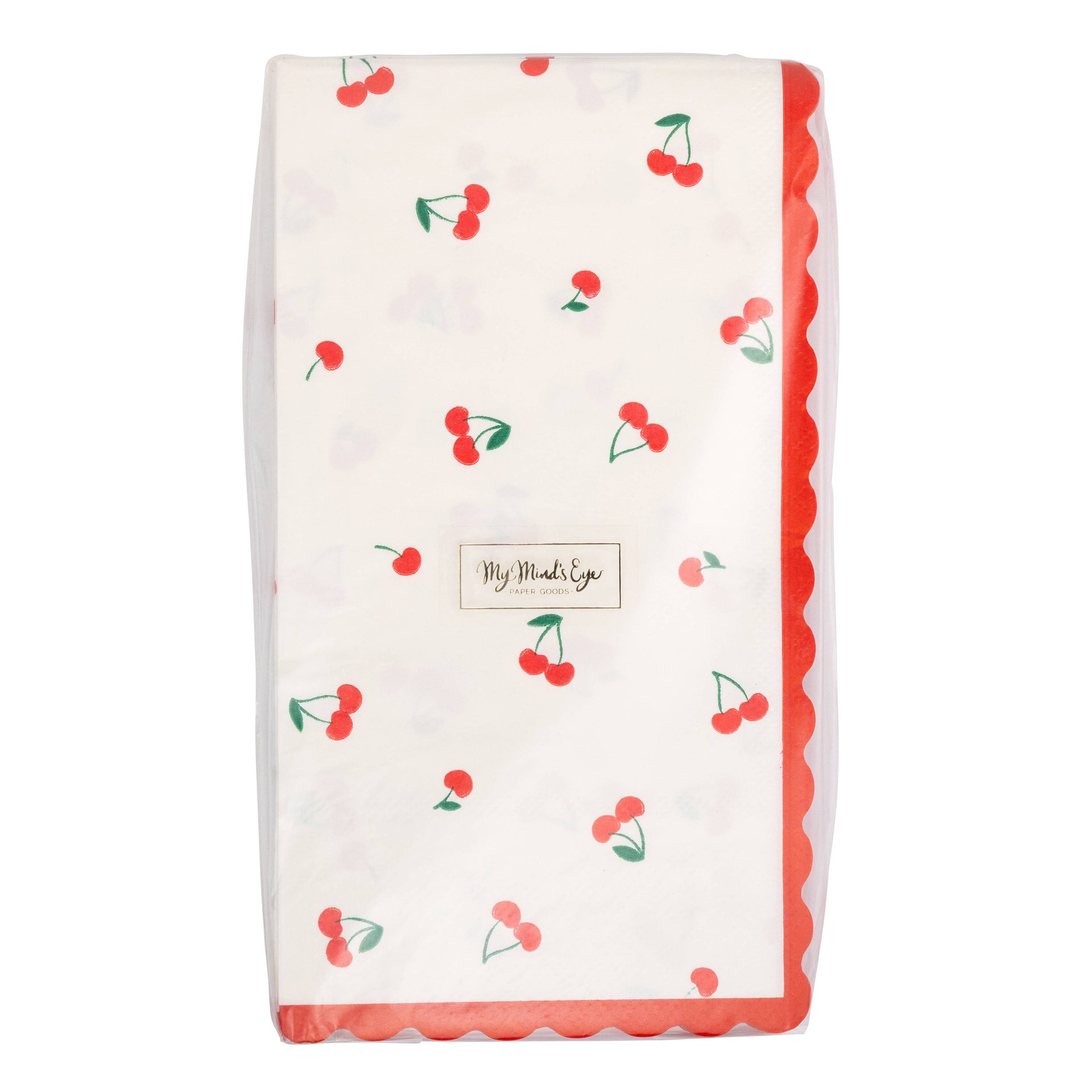 Package of napkins with cherry pattern and 'My Minds Eye' label on a white background