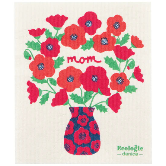 Decorative dishcloth with red floral design and 'mom' text, featuring the brand 'Ecologie danica'.