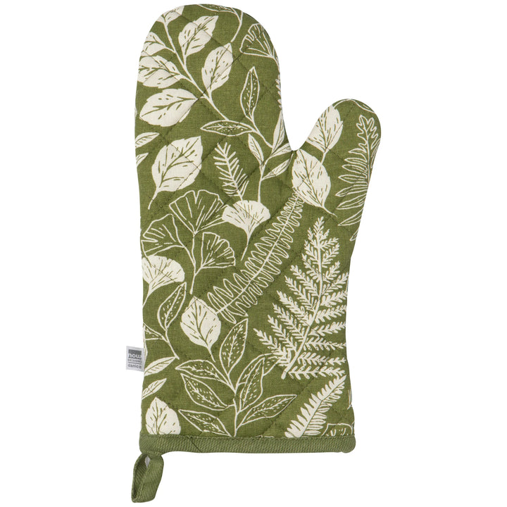 Green oven mitt with leaf pattern on a white background