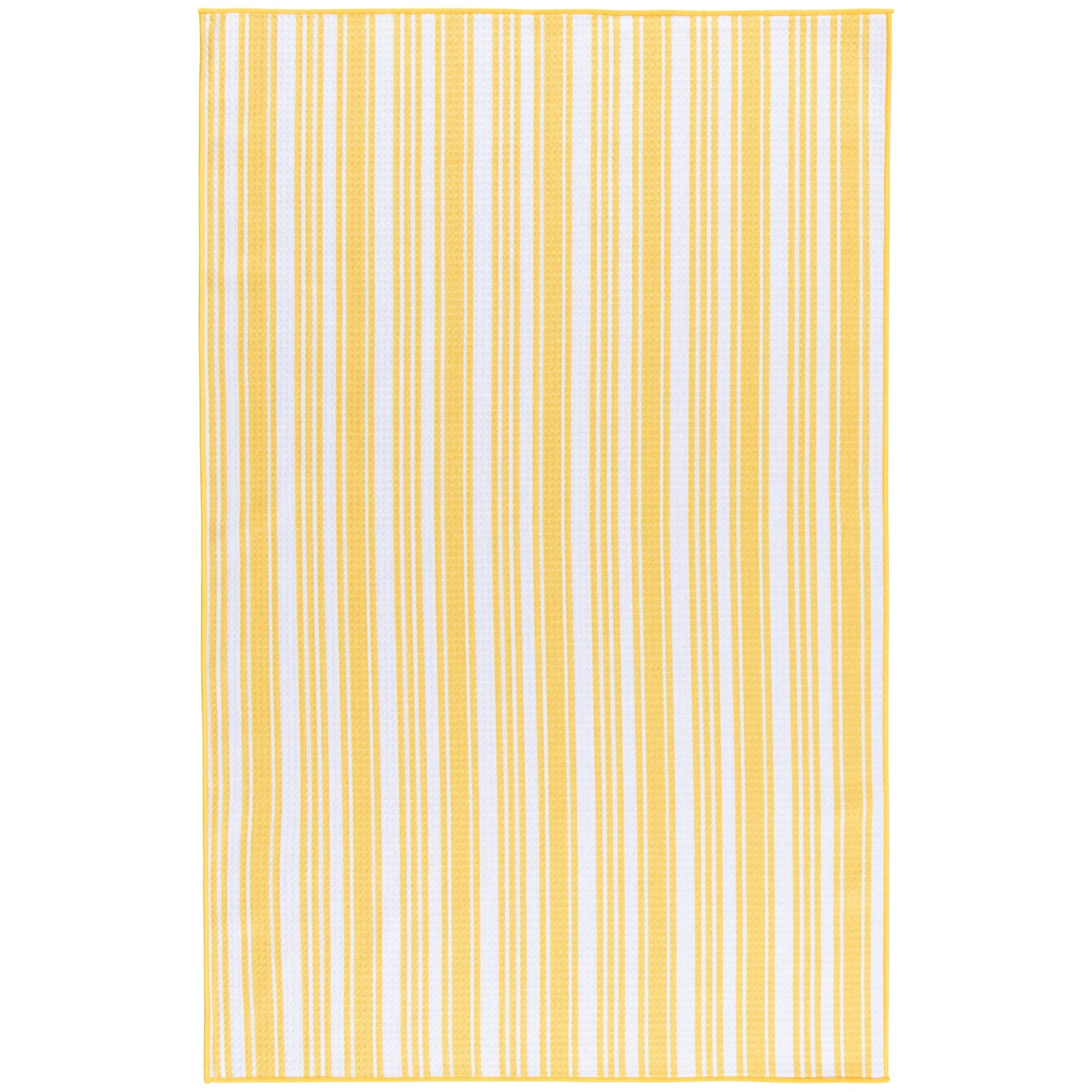 Striped yellow and white kitchen towel on a white background