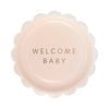 Pink baby shower scalloped edge paper plate with 'Welcome Baby' text on a white background