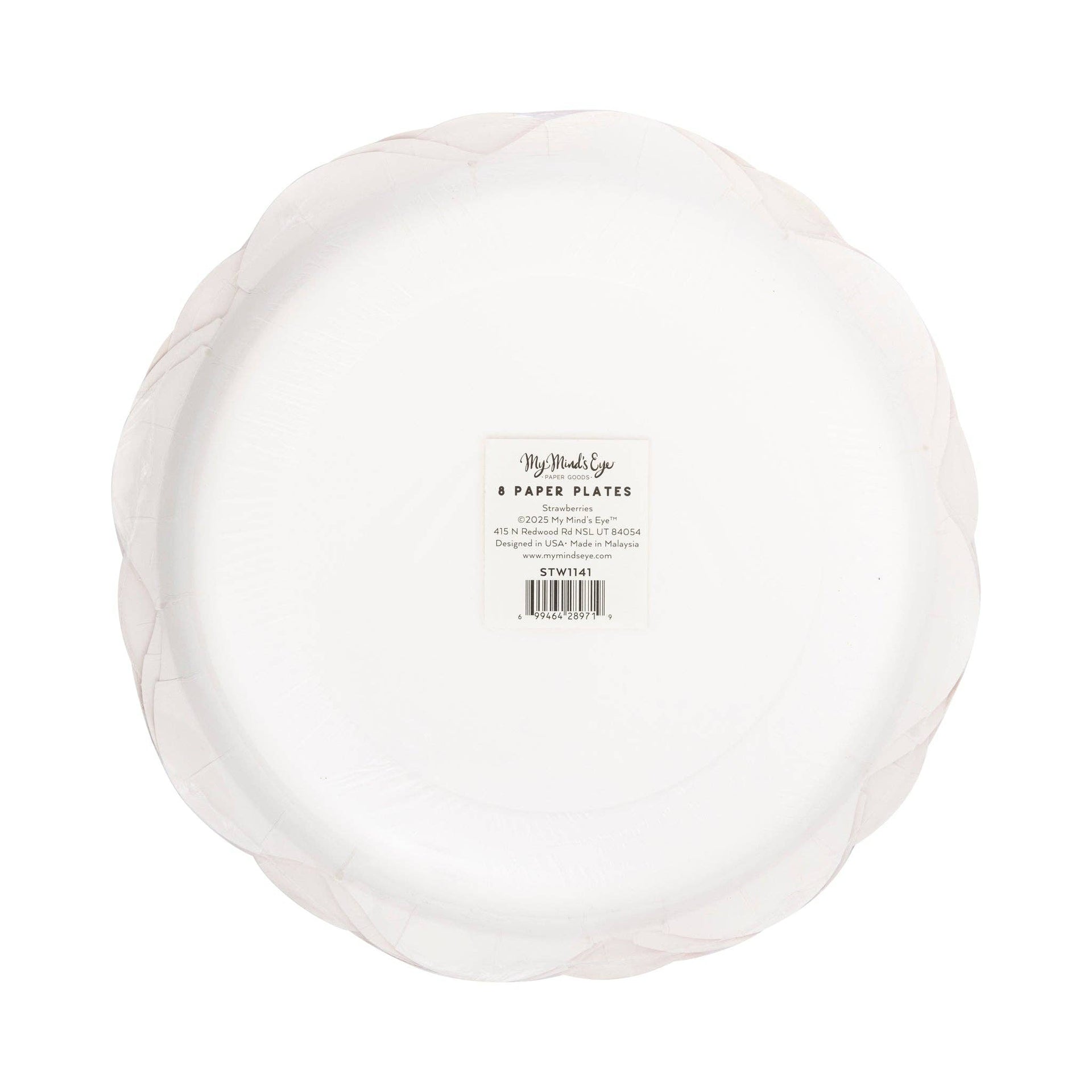Back view of scalloped paper plate with a visible brand label on a white background