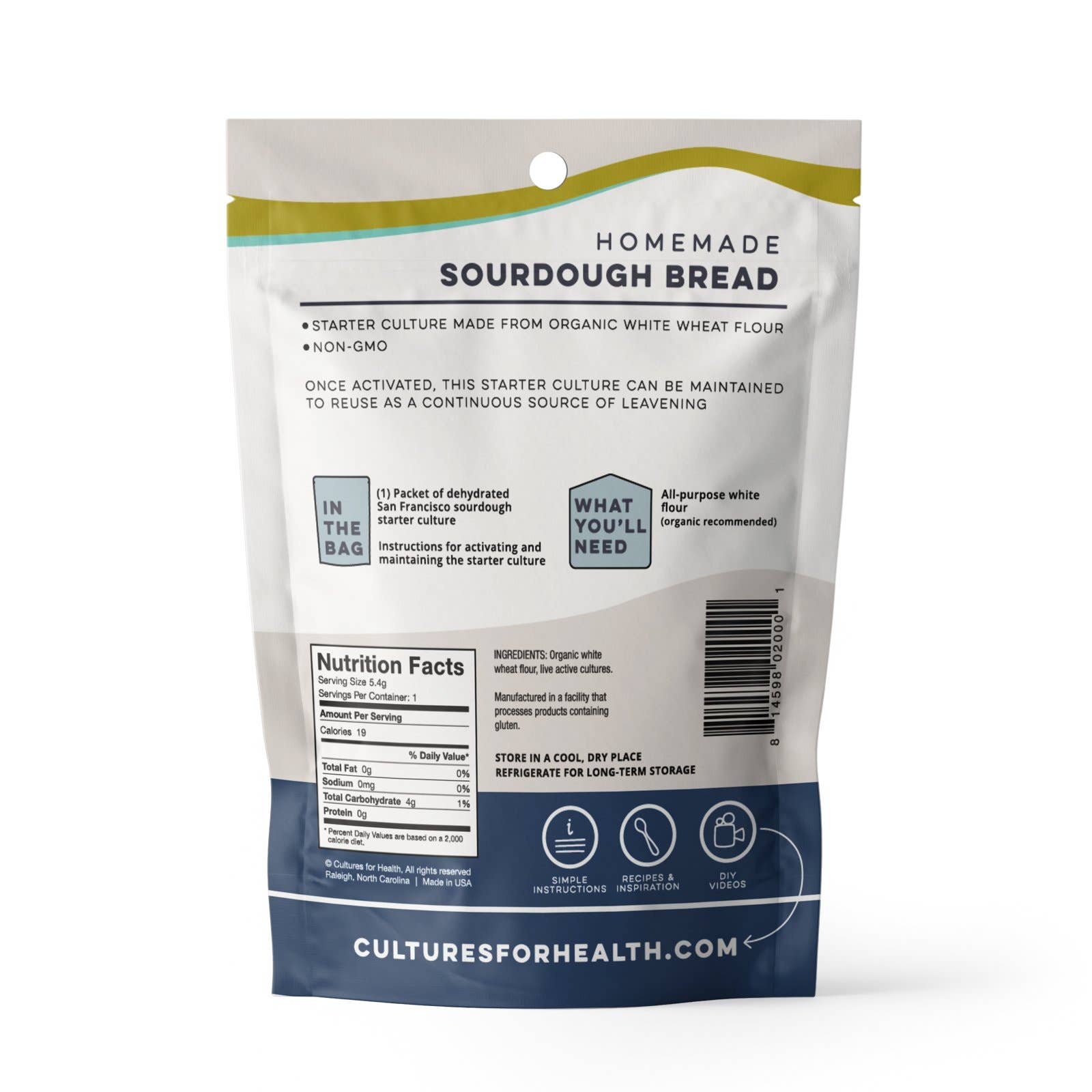 Package of sourdough bread starter culture on a white background