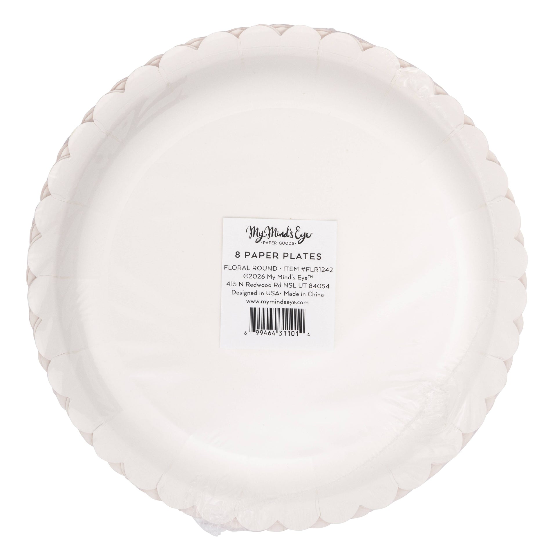 Bottom view of paper plate with branding on a white background