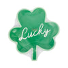 Green shamrock-shaped plate with 'Lucky' text on a white background