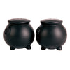 Two black cauldron-shaped salt and pepper shakers on a white background