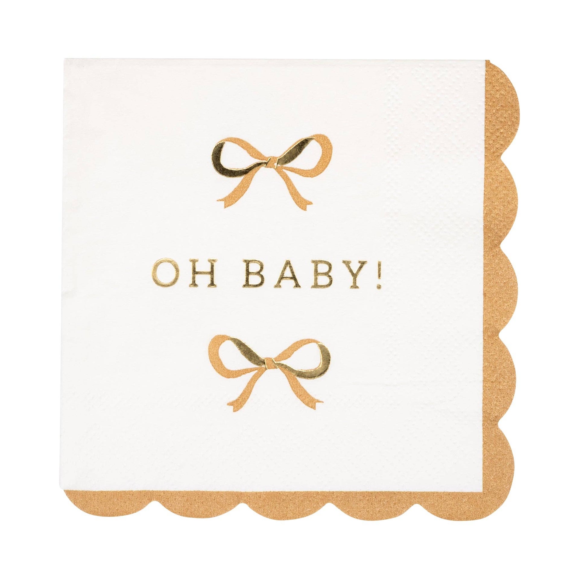 White napkin with gold bows and 'OH BABY!' text on a white background