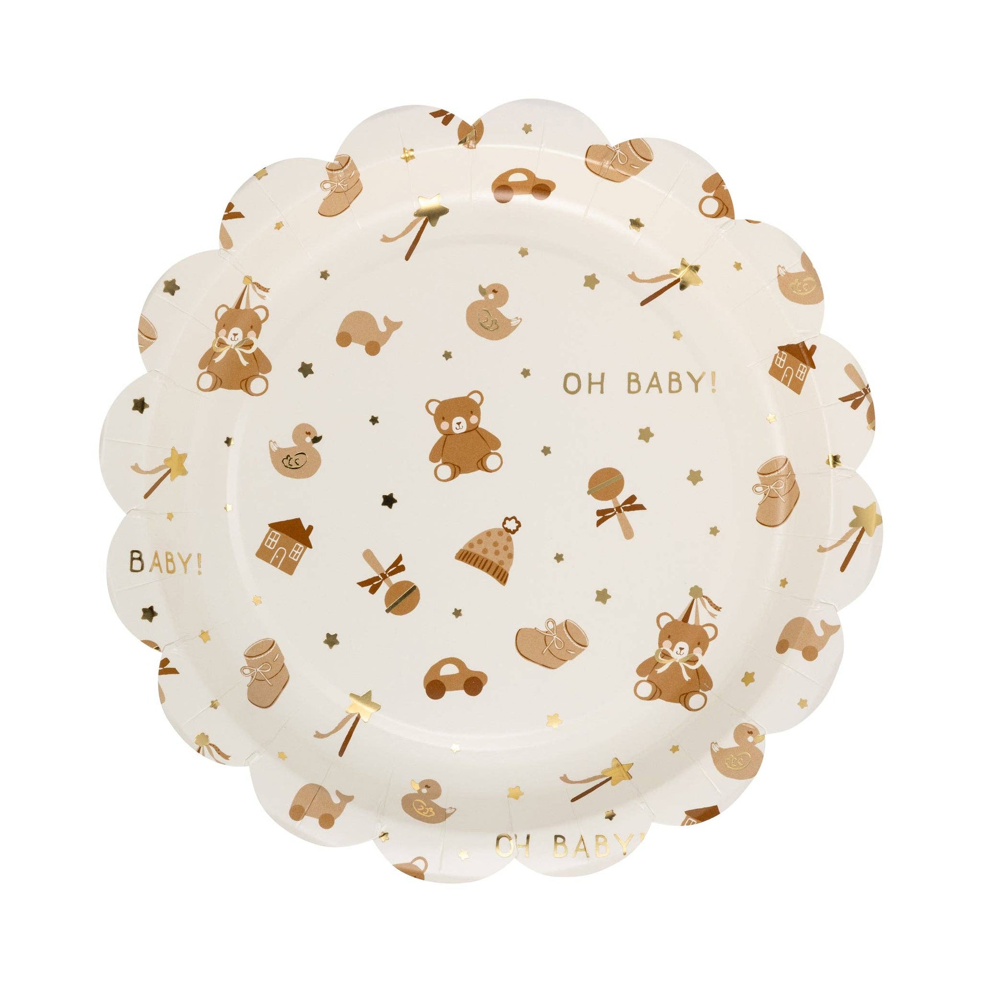 Decorative plate with baby-themed patterns and 'OH BABY!' text on a white background