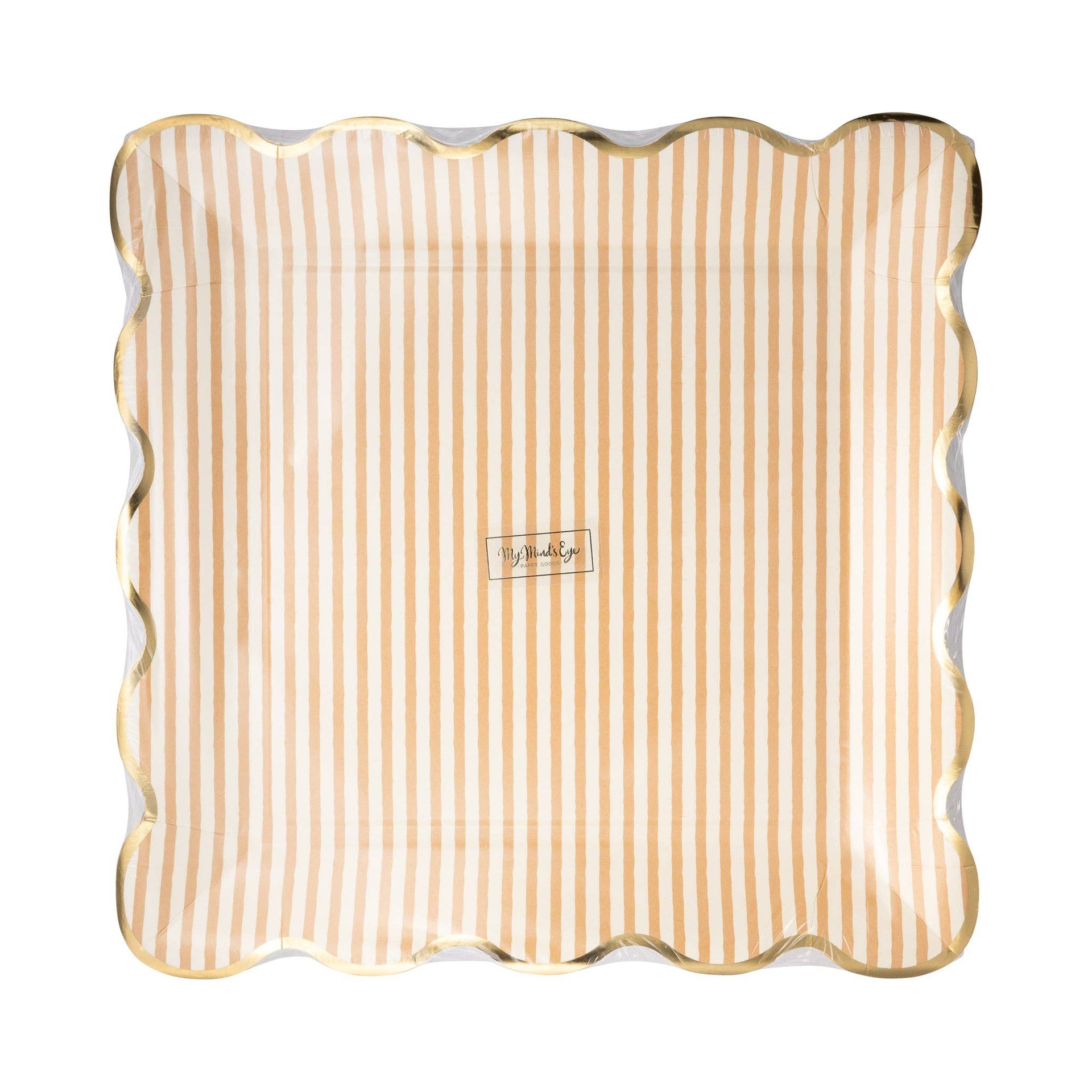 Decorative plate with gold scalloped edge and tan and white stripes on a white background