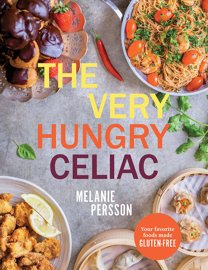 Book cover of 'The Very Hungry Celiac' with food images and gluten-free label.