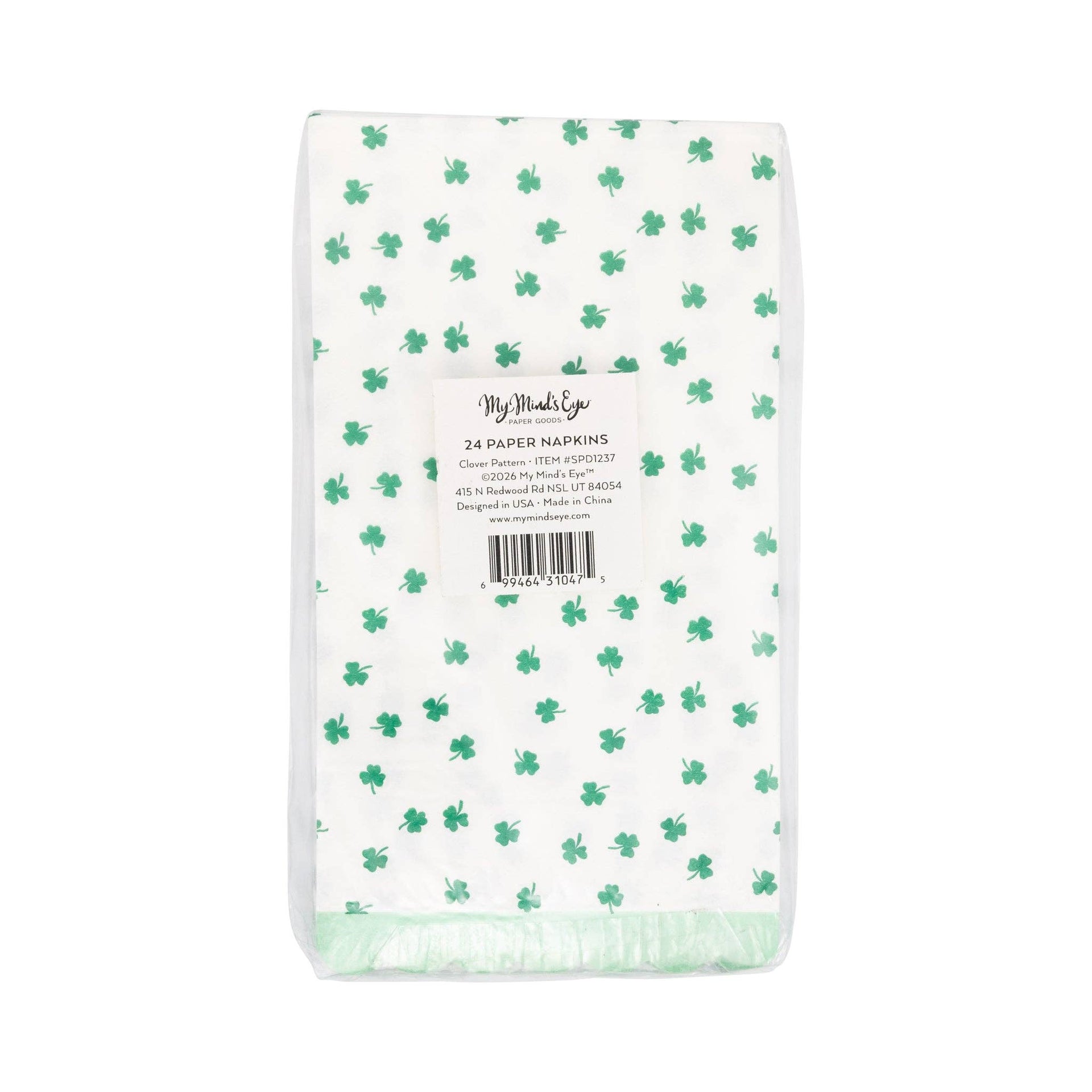 Pack of paper napkins with green shamrock pattern on a white background