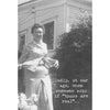 Black and white greeting card featuring a photo of a woman standing outdoors with text overlay reading Sadly, at our age, when someone asks "if those are real"