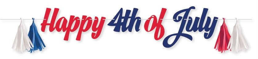 Decorative banner with 'Happy 4th of July' text and tassels in red, white, and blue.