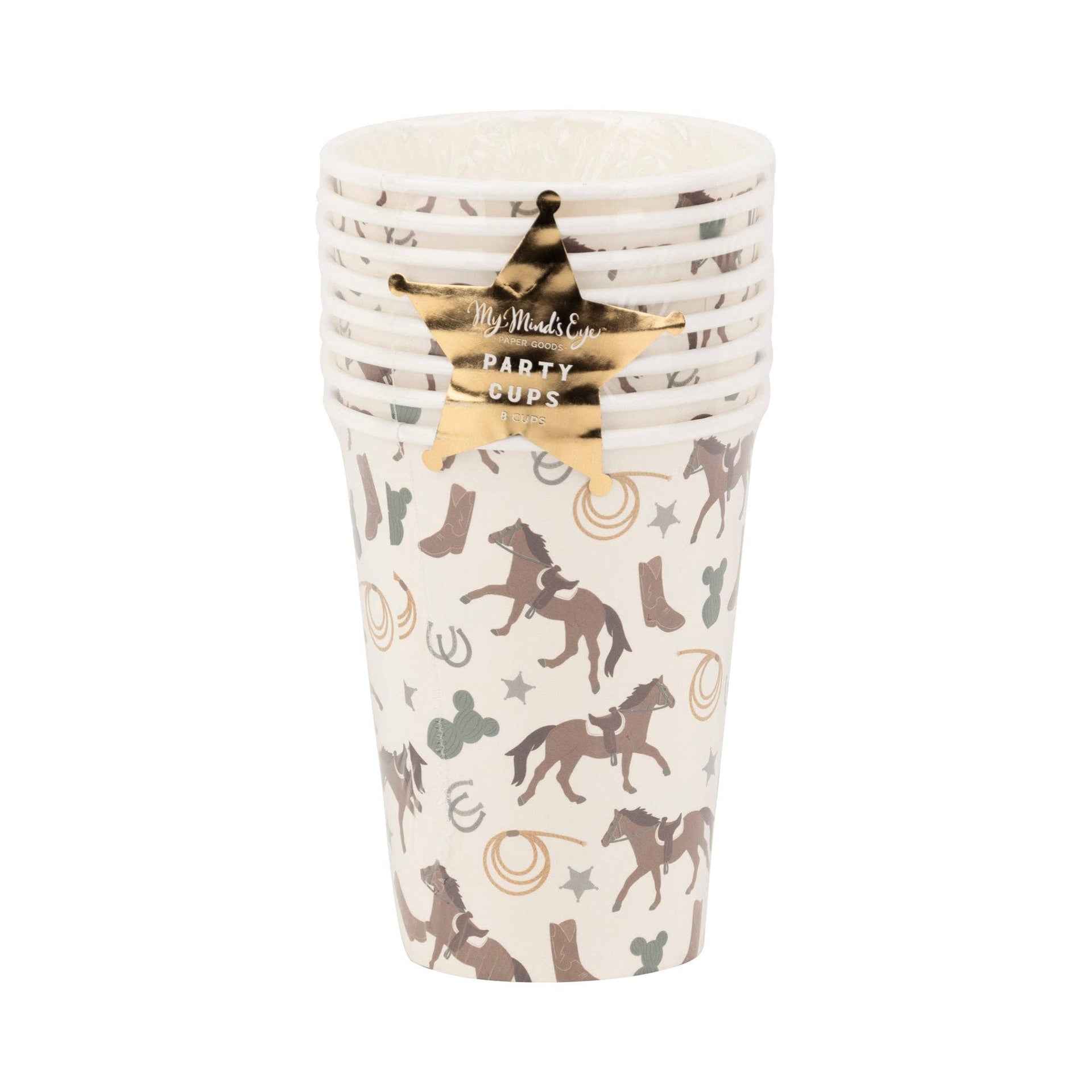 Set of paper cups with horse and cowboy pattern on a white background