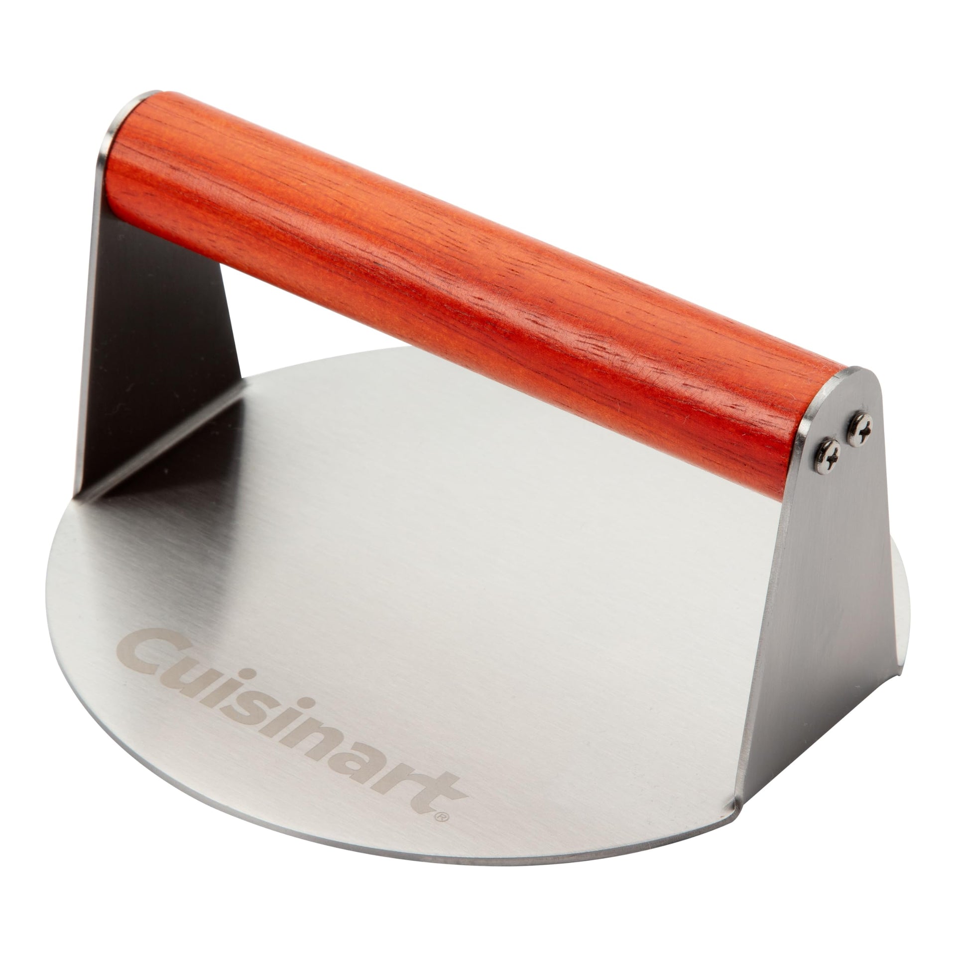 Cuisinart burger press with wooden handle on a white background