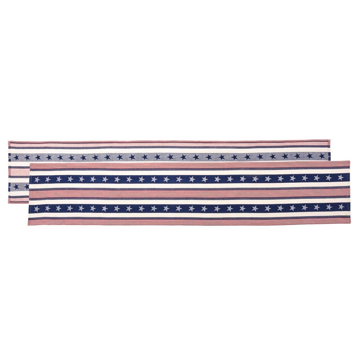 A  table runner with a patriotic red white and blue striped pattern featured on a white background.
