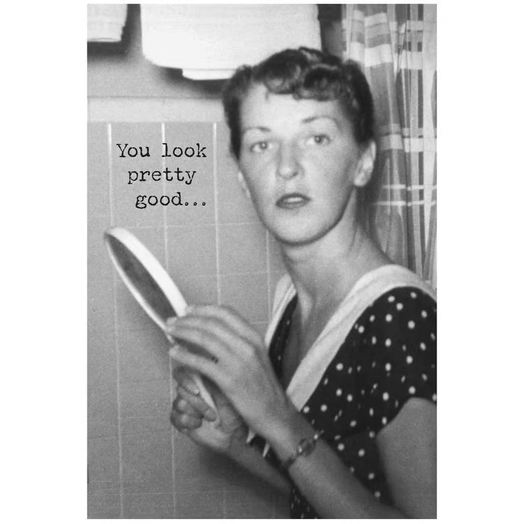 Black and white photo of a woman holding a mirror with text overlay