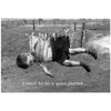 Black and white greeting card featuring a vintage photo of a child hanging from a clothesline with text 'I want to be a good parent'.
