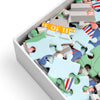 Colorful puzzle pieces in a box.