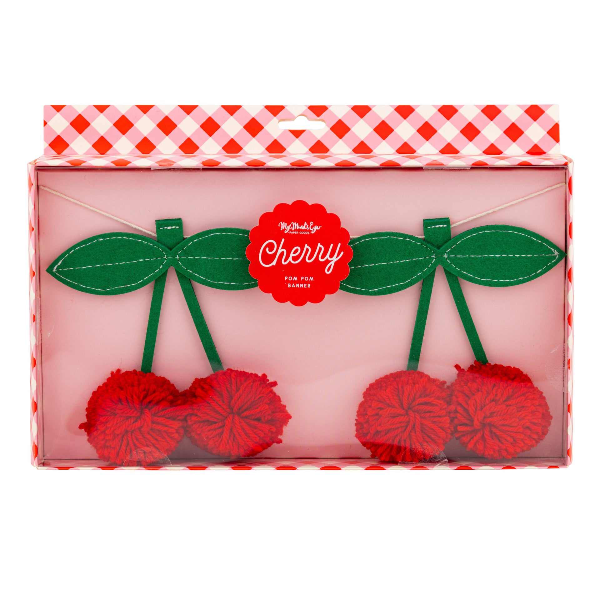 Red cherry-themed banner in a decorative gingham box.