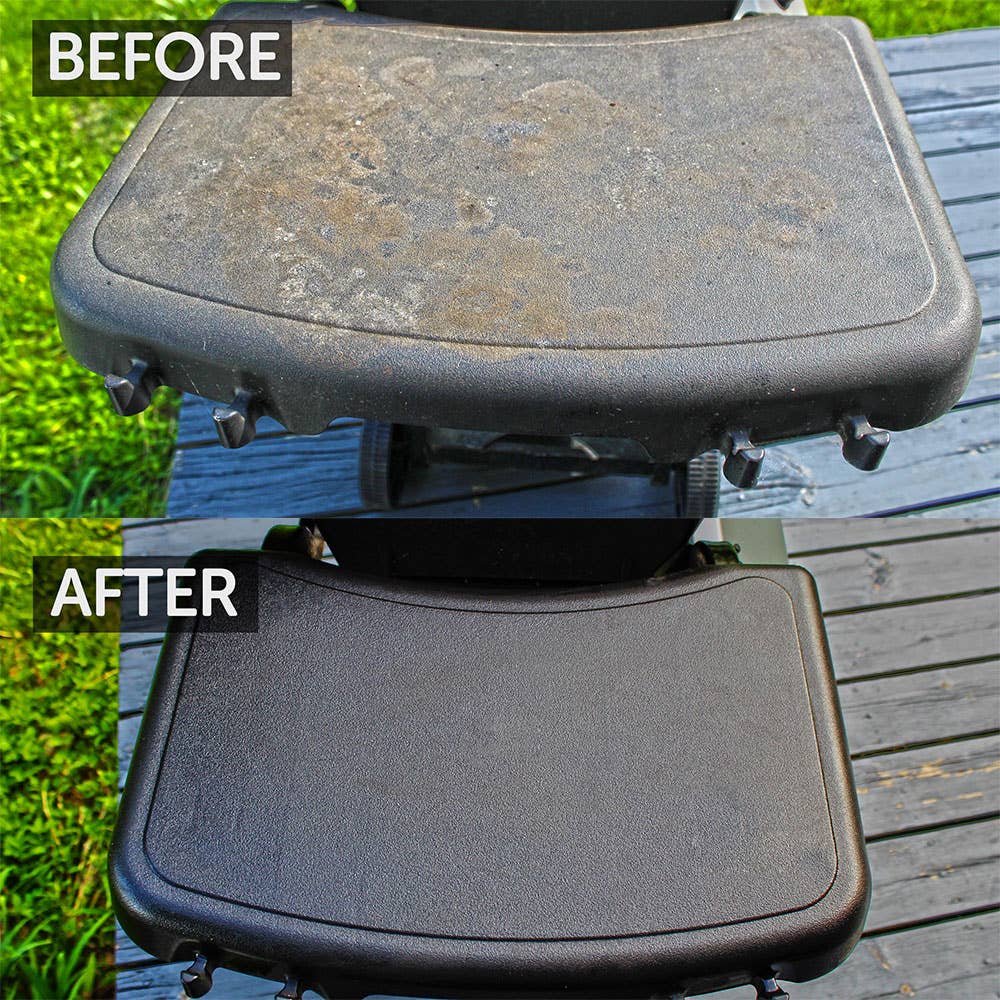 Before and after comparison of a grill shelf on a wooden surface with grass in the background.