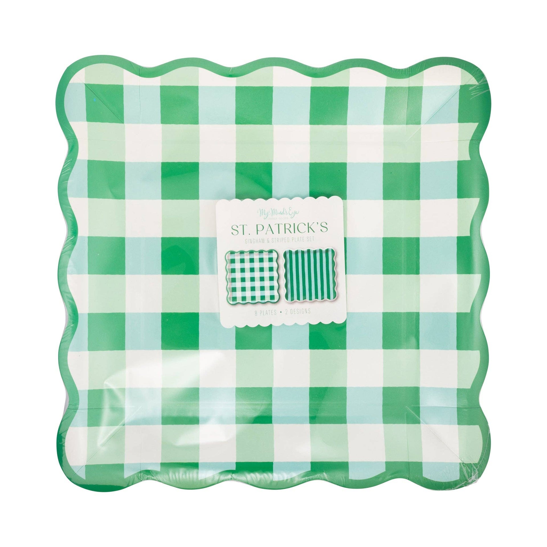 Green and white checkered plate with scalloped edge and 'St. Patrick's' label.