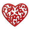 Red heart-shaped trivet with white floral patterns on a white background
