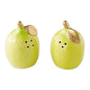 Two pear-shaped salt and pepper shakers on a white background
