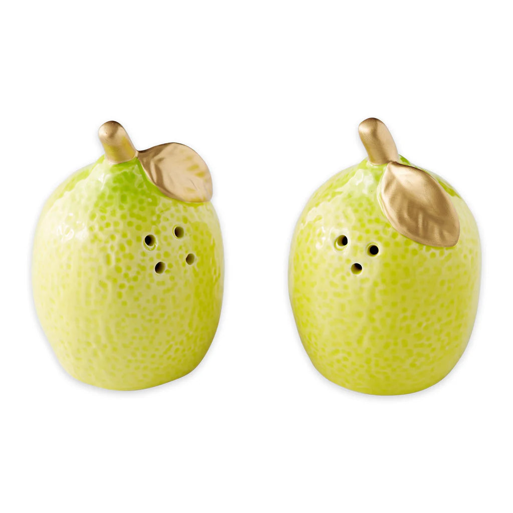 Two pear-shaped salt and pepper shakers on a white background