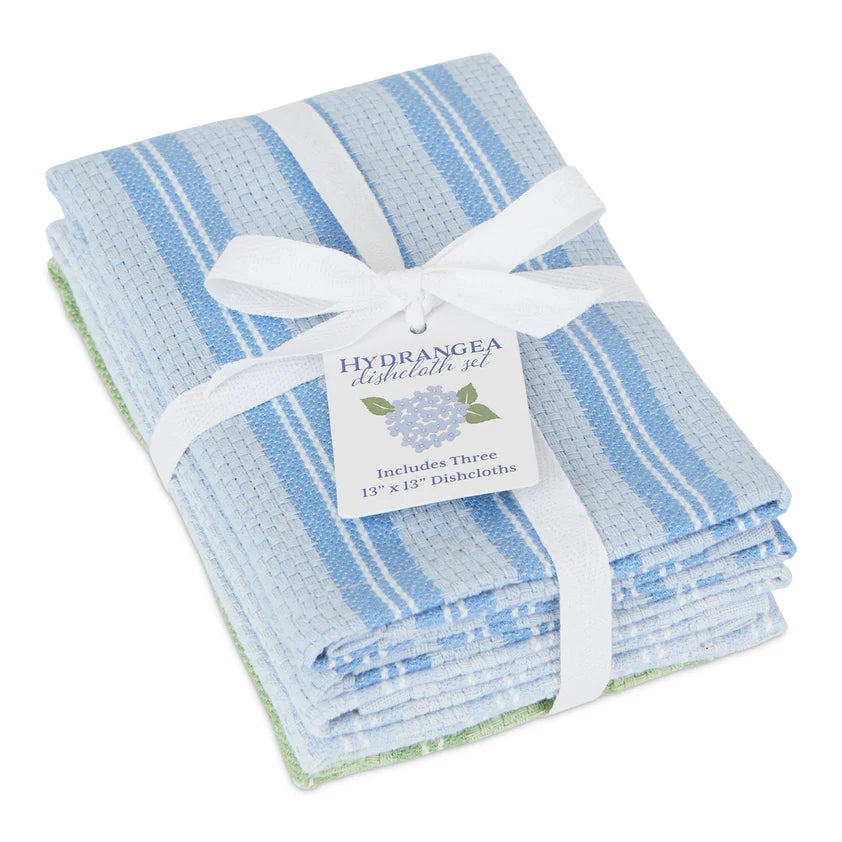 Set of three blue and white striped dishcloths with a white ribbon and tag on a white background