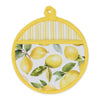 Round pot holder with lemon pattern and yellow handle on a white background